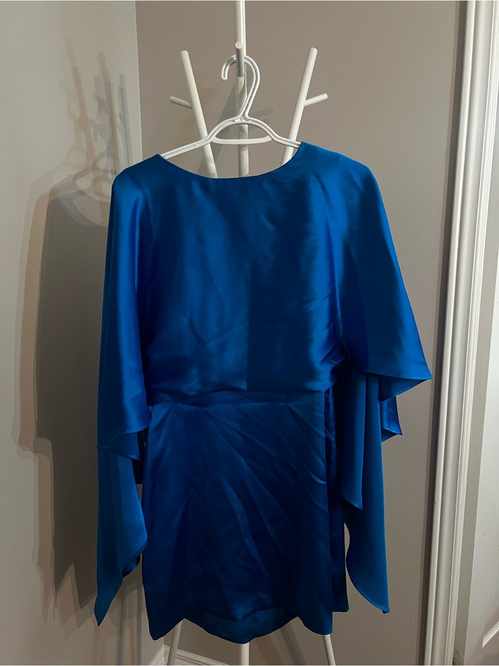 Zara Bright Blue Satin Mini Dress with Cape Sleeves - Picture 3 of 9